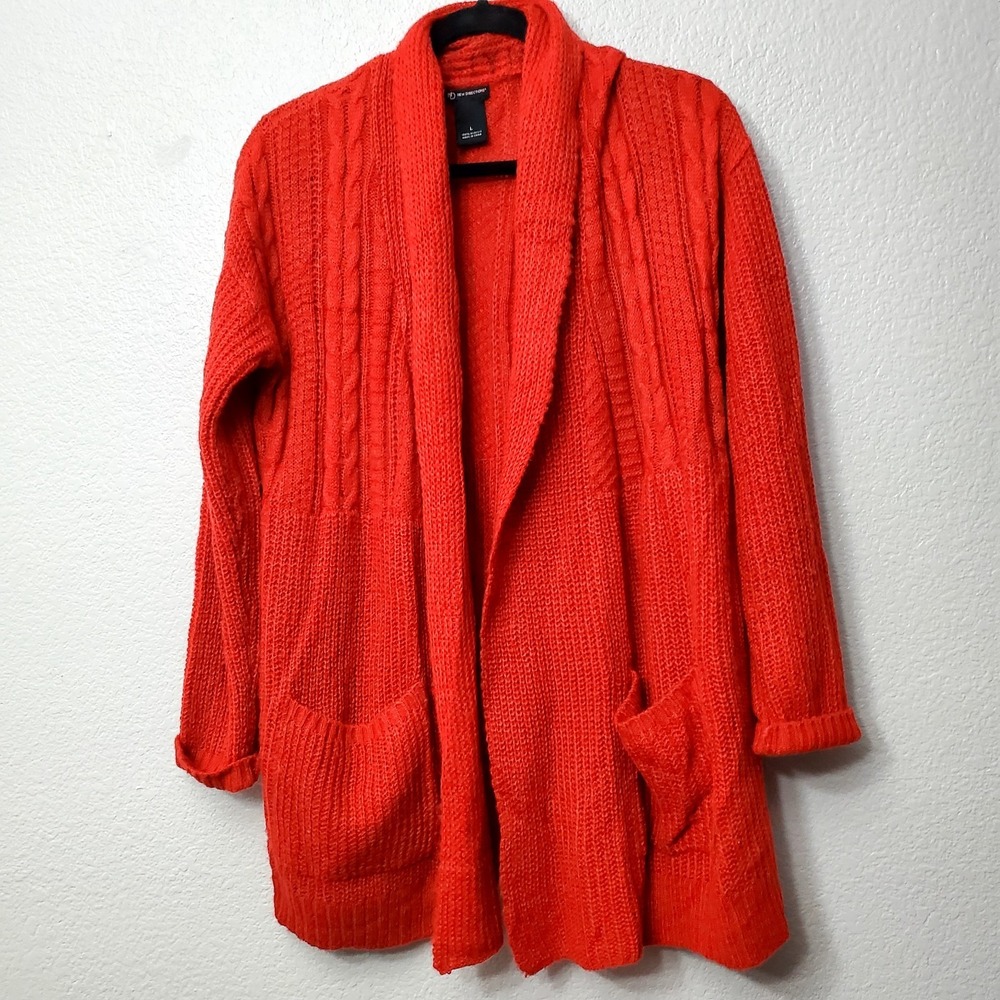 New‎ Directions ◇ Cable Knit Cardigan Sweater Red W/Pockets Long Holiday ◇ Large